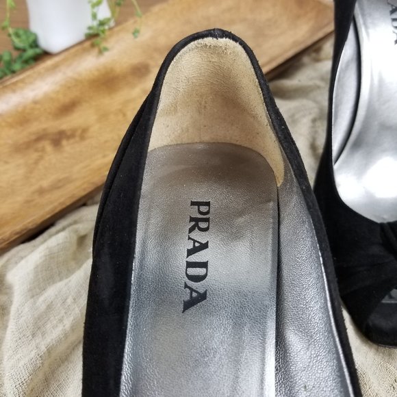 PRADA Suede Peep-Toe Wedges - Picture 2 of 8